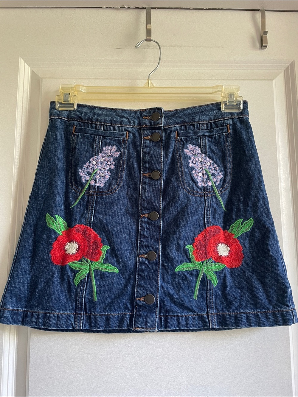 Topshop Dark Blue Denim A-Line Skirt with Red & Purple Floral Embroidery